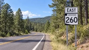 Arizona State Route 260 through ponderosa pine forest near Payson