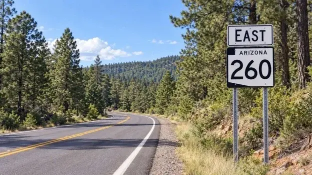 Arizona State Route 260 through ponderosa pine forest near Payson